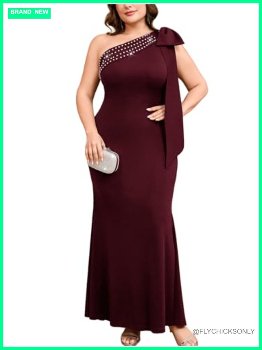 Plus Size One Shoulder Mermaid Evening Gown Statement Bow Rhinestone Formal